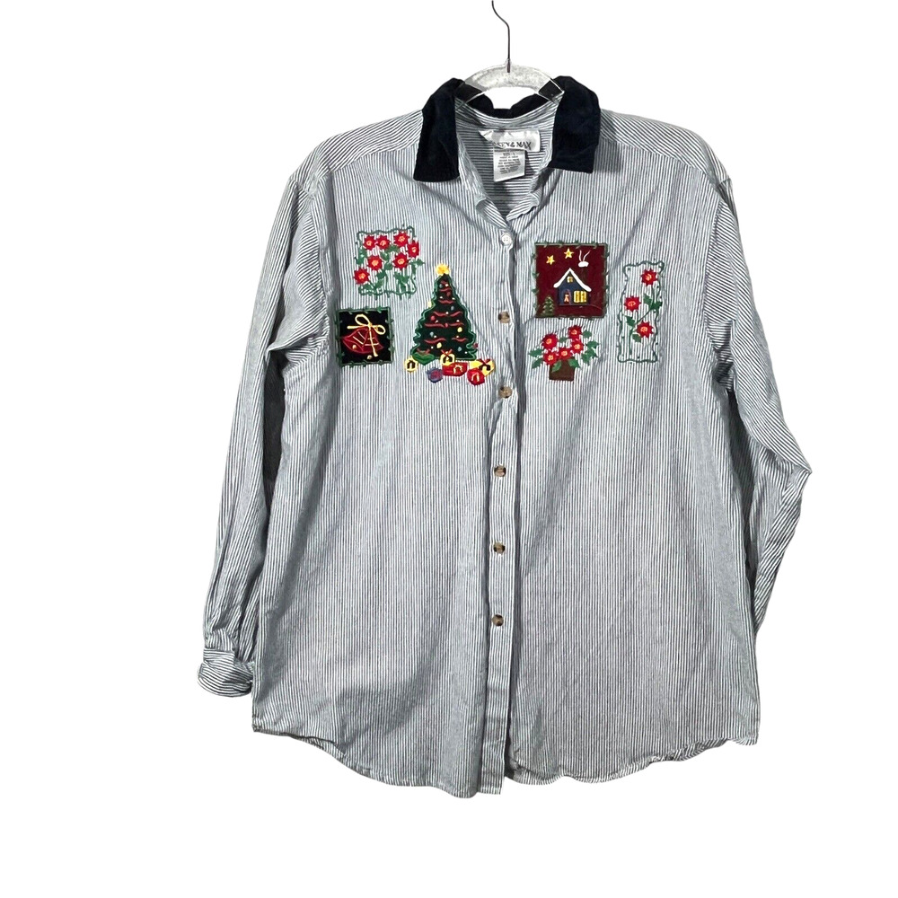 Casey & Max Christmas Shirt Women Size L Vintage Blue White Retro Holiday Style